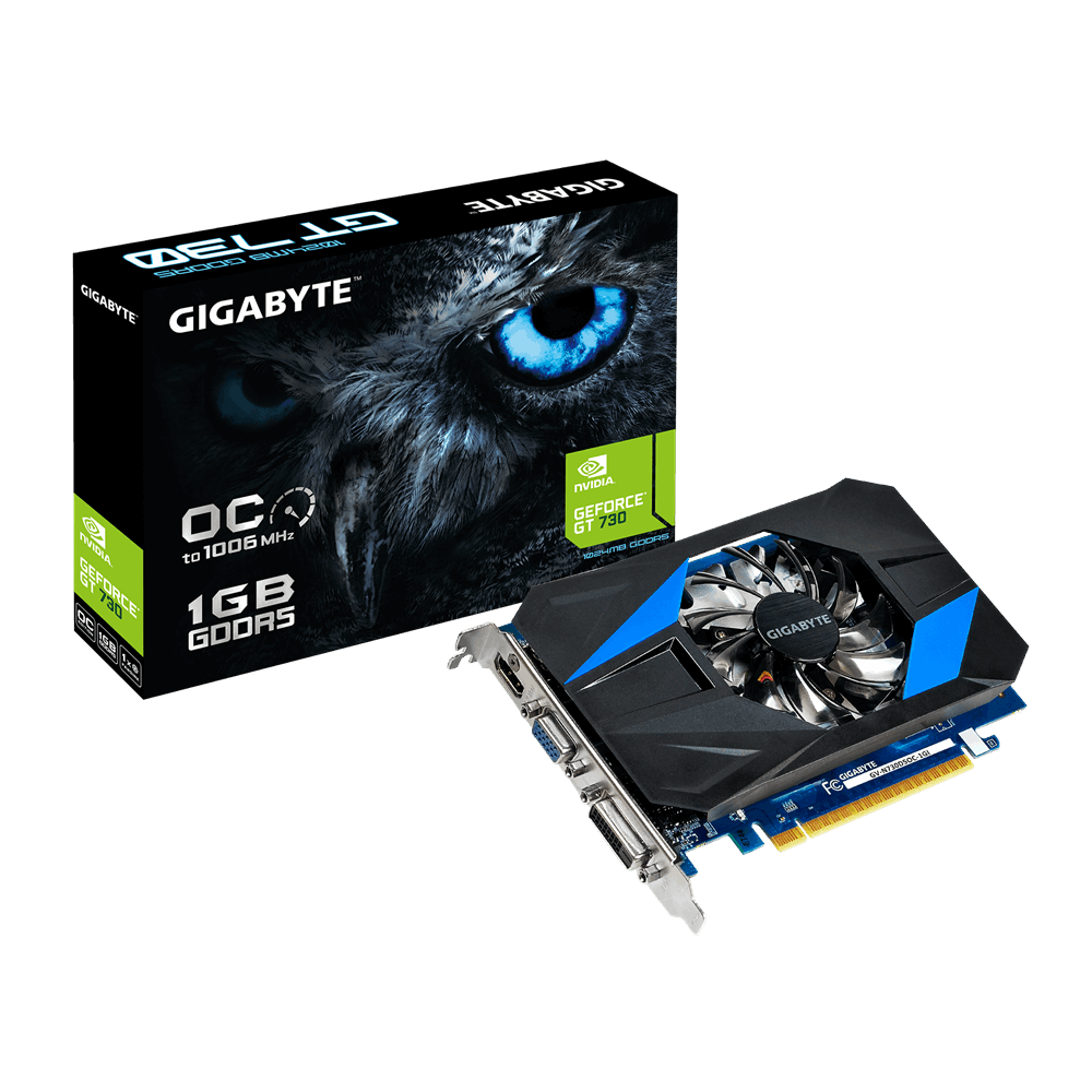 Видеокарта Gigabyte GF GT730 1Gb (GV-N730D5OC-1GI, 64bit, GDDR5, DVI+HDMI+CRT) RTL