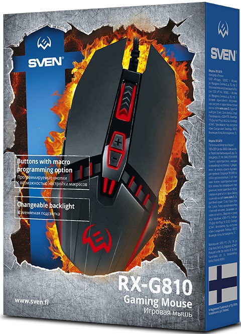 Мышь Sven RX-G810 (USB, optical, 4000dpi, игровая, настраиваемая подсветка, программируемая, soft-touch, 1.8m, black)