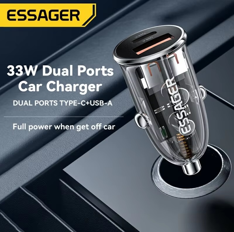 Зарядно устройство от прикуривателя Essager F712 (12/24V - USB, USB Type-C, 5V/3A, 9V/3A, 12V/2.5A, 20W/1.5A, 33W max, кабель Type-C 1m, black)