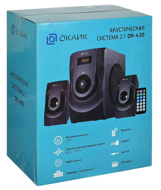 Колонки Oklick OK-430 (23W, Bluetooth, ПДУ, AUX, FM, USB, SD, black)