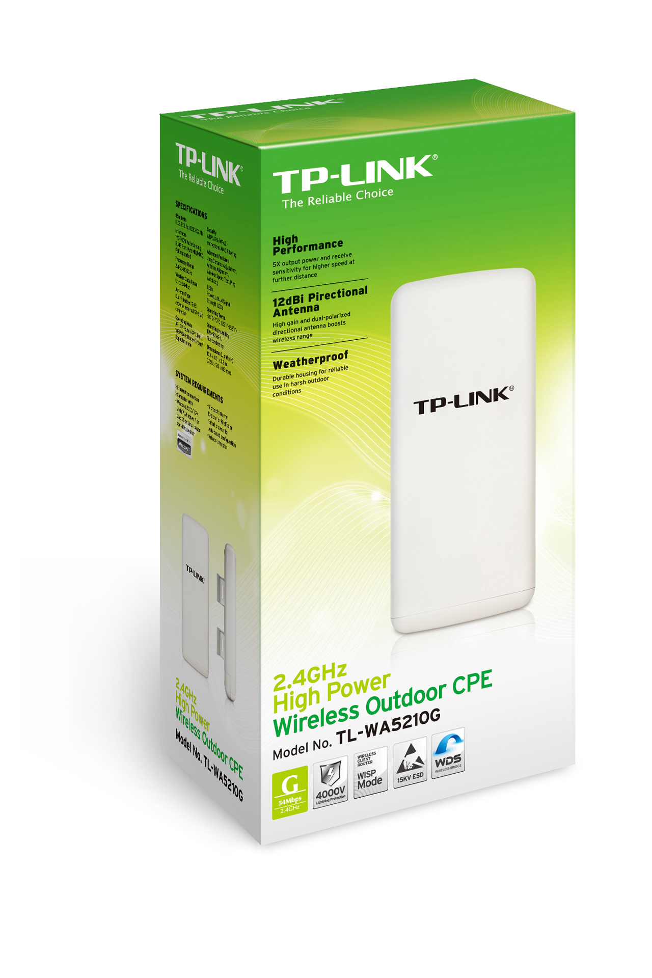 Точка доступа TP-LINK TL-WA5210G (54Mbps, 2.4GHz, 1 port, 100Mbps, 1 внутренняя антенна 12dBi, наружная, защищённая, высокомощная, white)