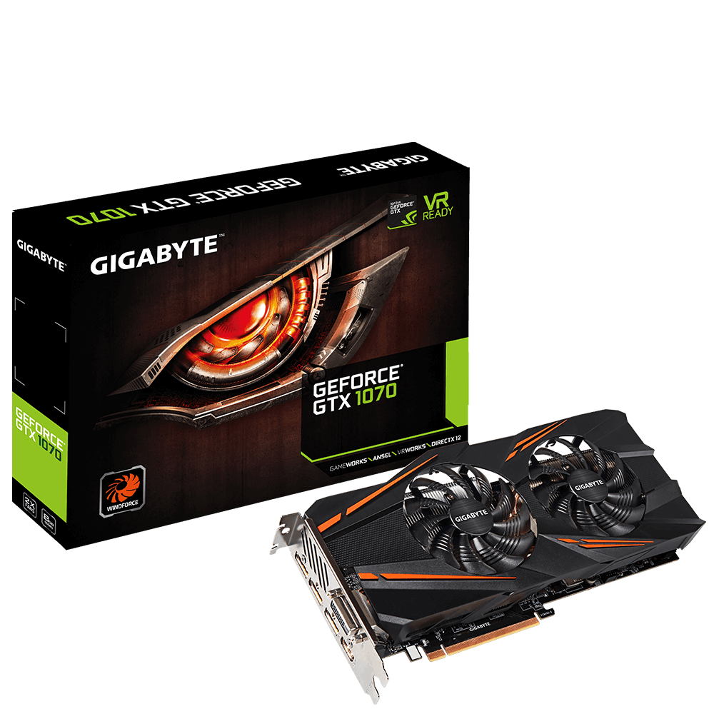 Видеокарта Gigabyte GF GTX1070 8192Mb (GV-N1070WF2-8GD, 256bit, GDDR5, DVI+HDMI+3xDP) RTL
