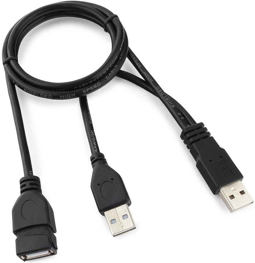 Кабель USB 2.0 Am - Af удлинительный 0.9m (CCP-USB22-AMAF-3, дополнительный разъём USB для подключения внешнего источника питания, пакет, black) Cablexpert