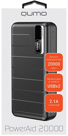 Внешний аккумулятор QUMO PowerAid 20000 (T5000) (литий-ионный, 20800mAh, 2*USB - 2.1A+1A, вход 2А, кабель 0.25m - microUSB, black)