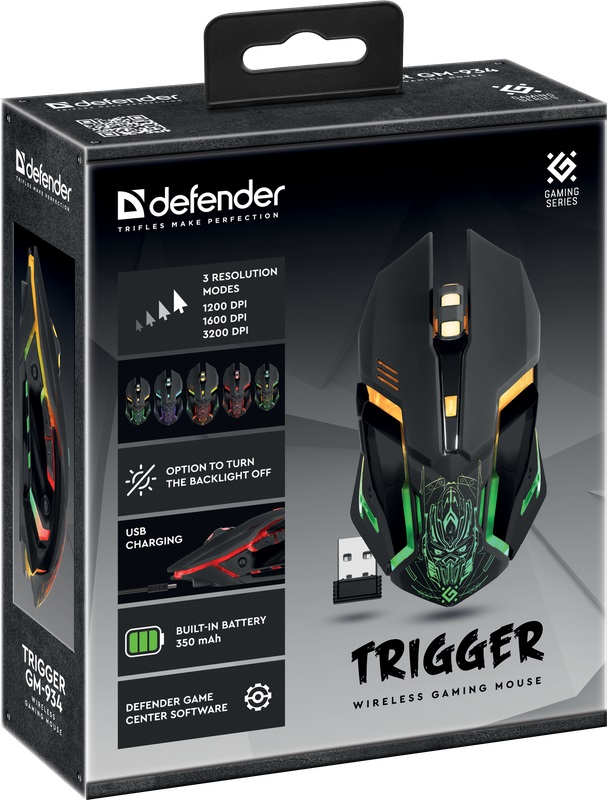 Мышь беспроводная Defender Trigger GM-934 (optical, 3200dpi, аккумулятор 400mAh, RGB подсветка, игровая, редактор макросов, эмуляция клавиш клавиатуры, soft-touch, black)