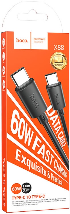 Кабель USB 2.0 Type-C - Type-C 1.0m (X88 Gratified, 3A, 60W, быстрая зарядка, black) hoco
