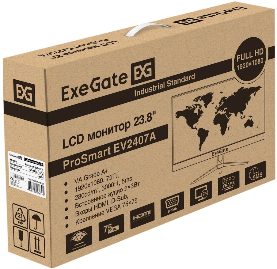 Монитор ExeGate 23.8" ProSmart EV2407 black (1920x1080, 75Hz, 4 000:1, 178°/178°, 5ms (GTG), 250cd/m2, VA, HDMI, выход на наушники, M/M)