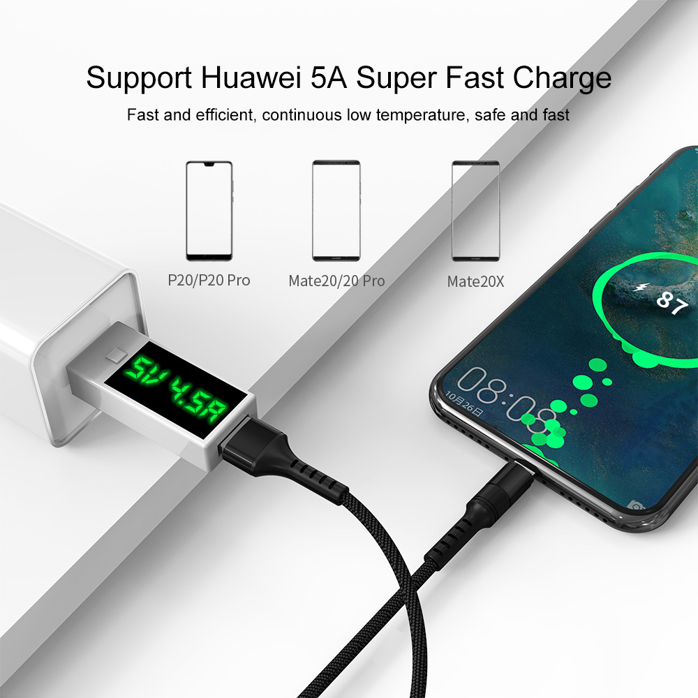 Кабель USB 2.0 Am - Type-C 1.0m (5A, быстрая зарядка, нейлоновая оплётка, black)