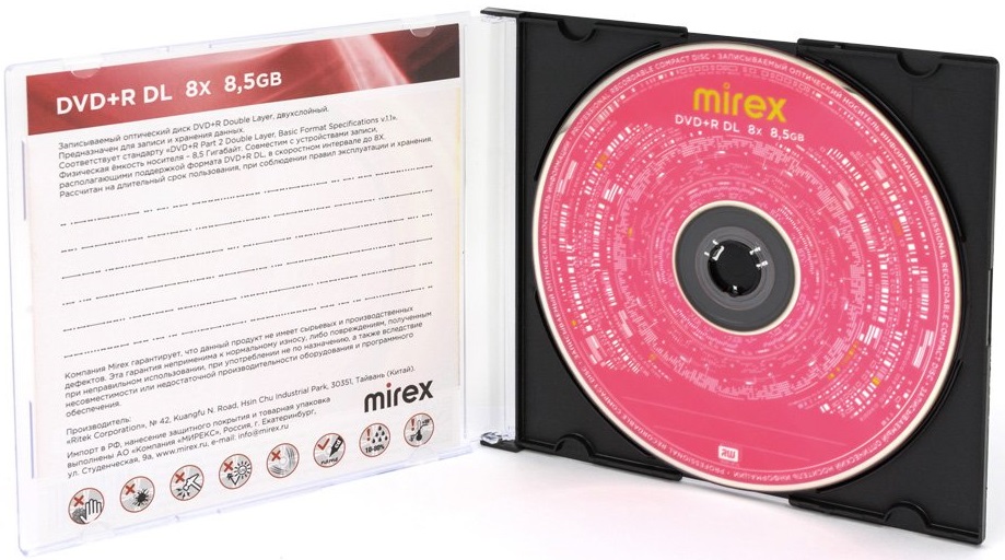 Диск DVD+R Mirex (8.5Gb, Dual Layer, 8x, 1шт., Slim Case)