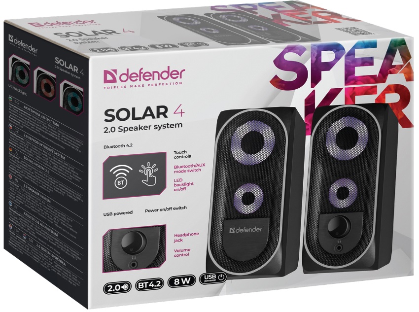 Колонки Defender Solar 4 (8W, USB, Bluetooth 4.2, подсветка, black)