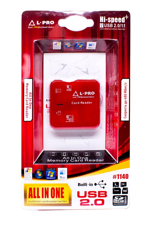 Карт-ридер L-PRO #1140 (microSD, SDHC, M2, MMC, MS, MS Duo, RS-MMC, red, USB2.0)