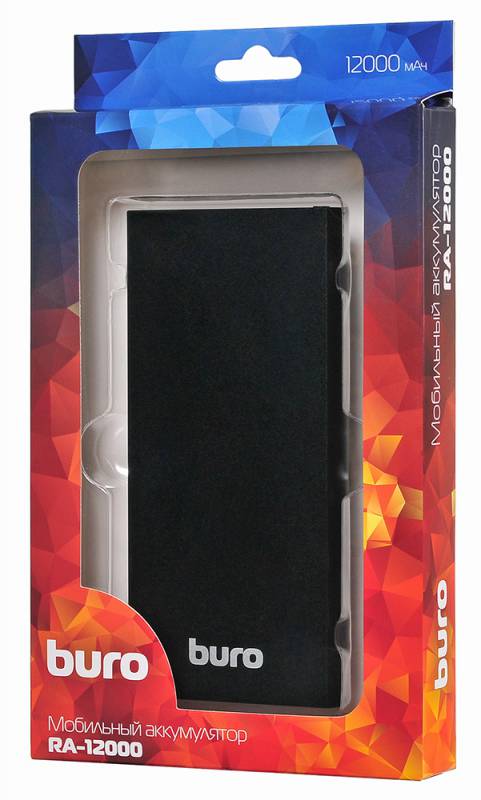 Внешний аккумулятор Buro RA-12000-AL-BK (литий-полимерный, 12000mAh, 2*USB - 3A, вход 1.5А, black)