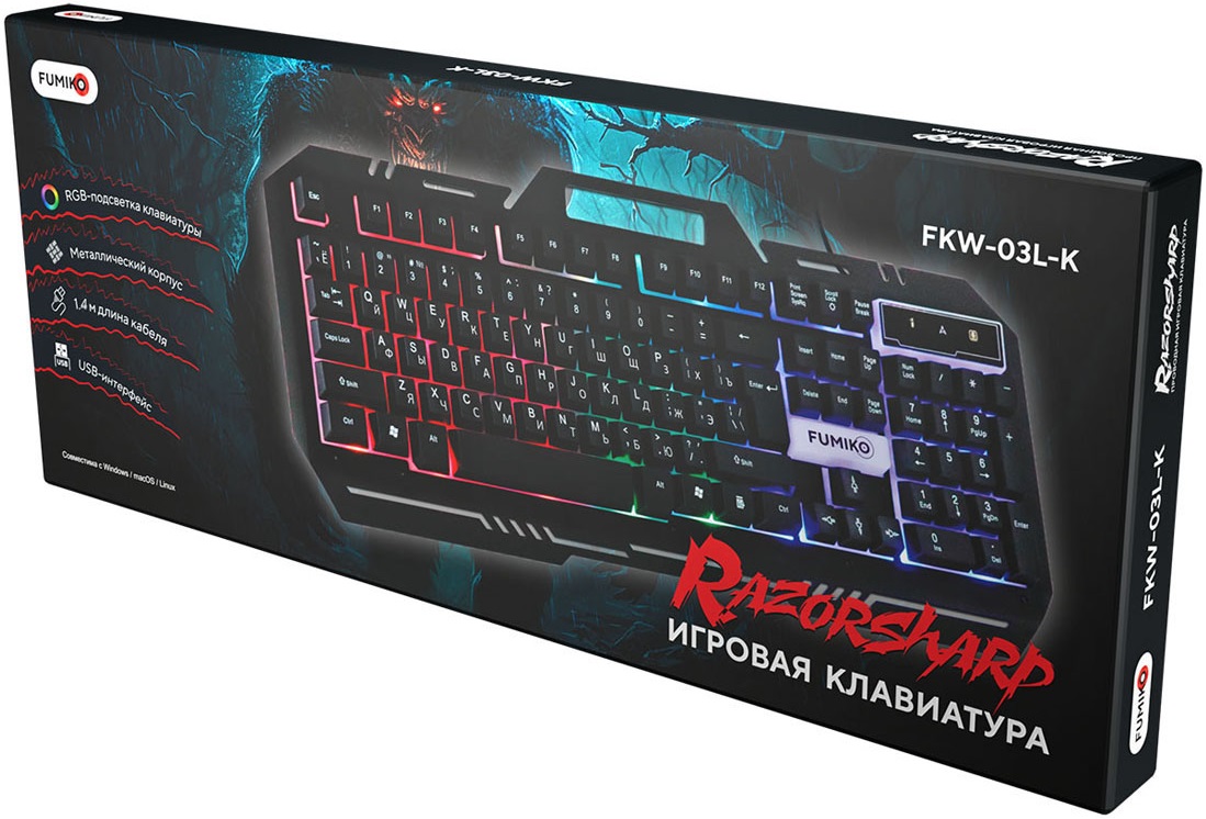 Клавиатура FUMIKO RAZORSHARP FKW-03L-K (USB, радужная подсветка, игровая, мультимедийная, 1.5m, black)