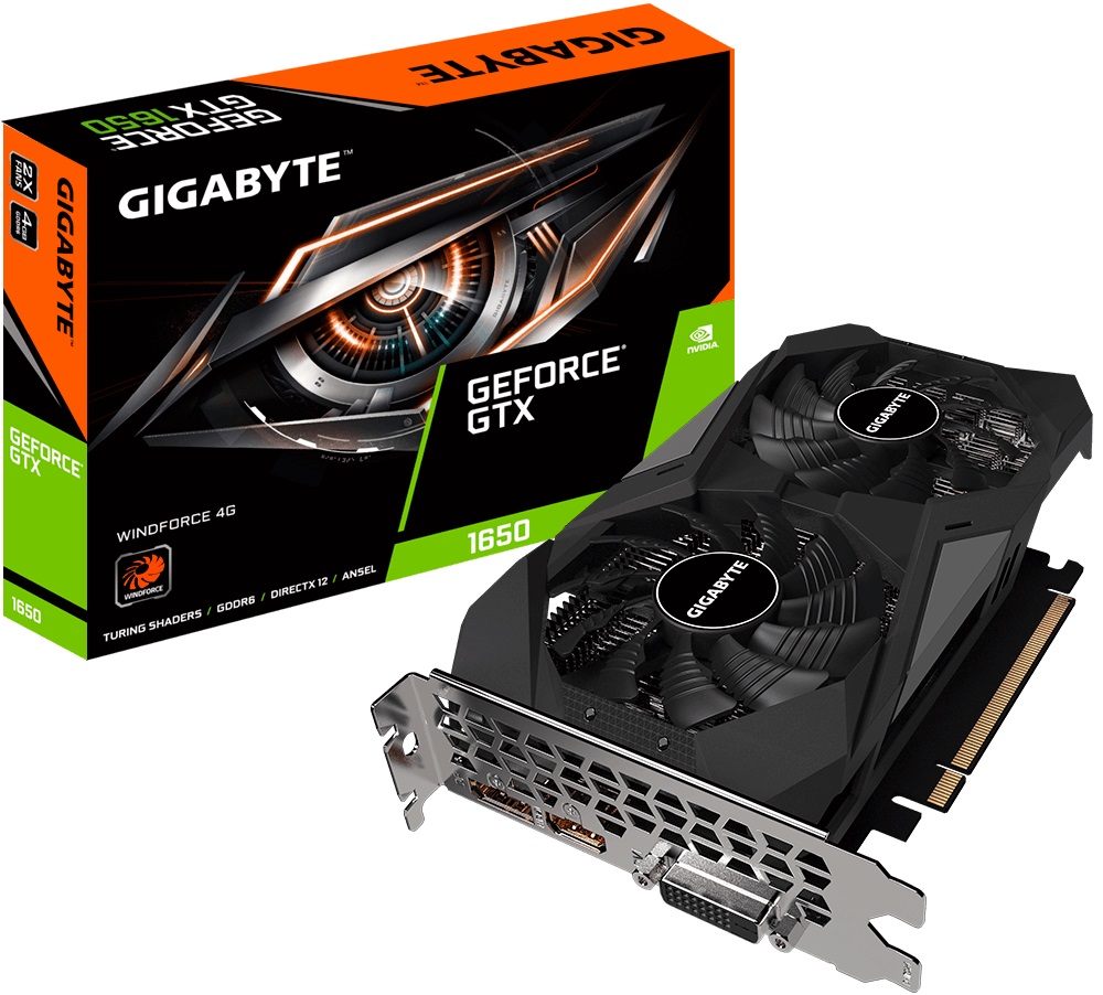 Видеокарта Gigabyte GF GTX1650 4Gb (GV-N1656WF2-4GD, 128bit, GDDR6, DVI+HDMI+DP) RTL