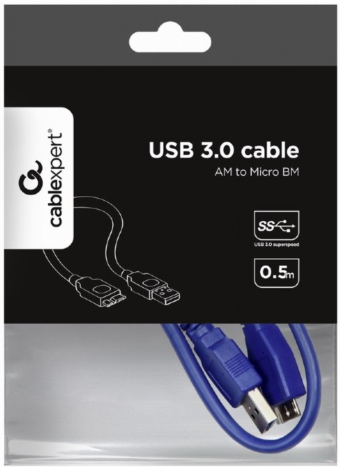 Кабель USB 3.0 Am - micro USB 0.5m (CCP-mUSB3-AMBM-0.5M, медь, двойное экранирование, blue) Cablexpert