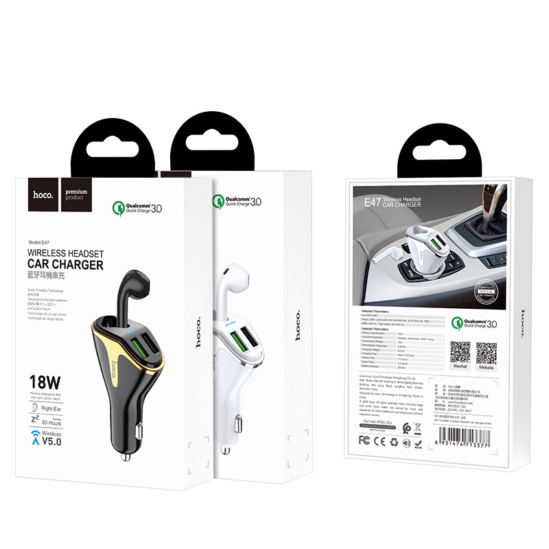 Гарнитура автомобильная (Handsfree) hoco E47 Traveller (вкладыш моно правый, беспроводная, Bluetooth 5.0, с микрофоном, до 2.5 часов работы от батареи, зарядное устройство в прикуриватель, 2*USB 3.1A, быстрая зарядка, black)