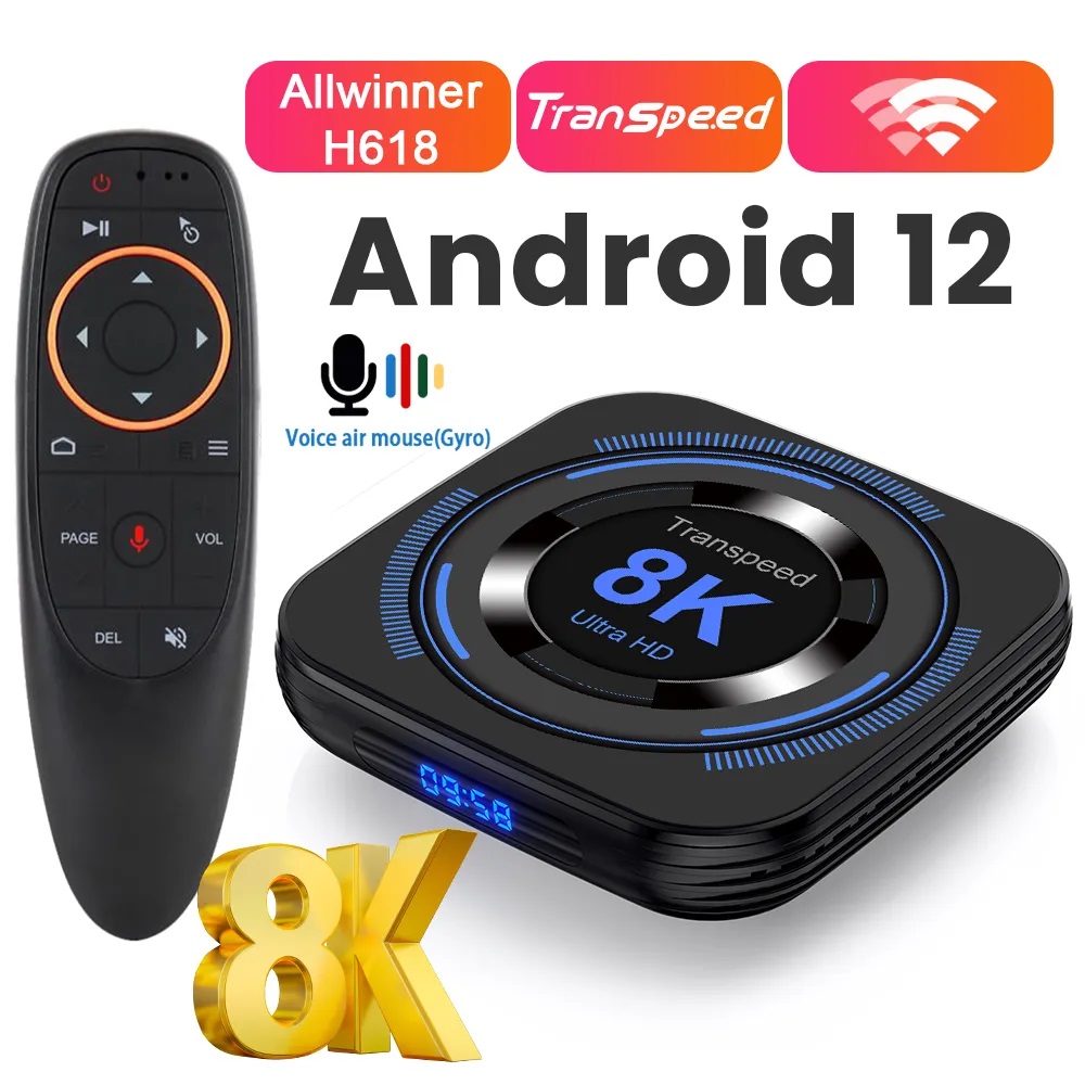 TV Box Transpeed 8K (8K618-T) (Android 12, 4Gb, 32Gb, 8K, Ethernet, Wi-Fi6, BT5.0, AV, HDMI v.2.0, 2xUSB, microSD до 32Gb, пульт ДУ, голосовой пульт, беспроводная клавиатура, black)