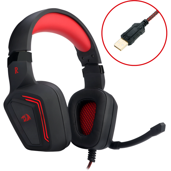 Наушники Redragon MUSES (полноразмерные закрытые, подключение по USB, c микрофоном, игровые, 2.2m, black-red)