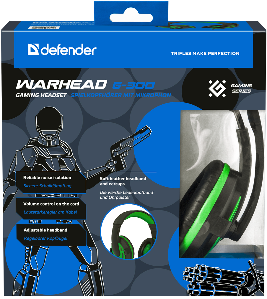 Наушники Defender Warhead G-300 (полноразмерные закрытые, c микрофоном, игровые, 2.5m, black-green)