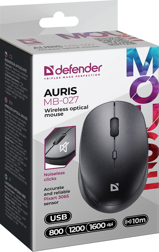 Мышь беспроводная Defender Auris MB-027 (optical, 1600dpi, AA, бесшумный клик, black)
