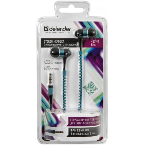 Наушники Defender ZigZag (затычки, для мобильный устройств, с микрофоном, 1.1m, blue)