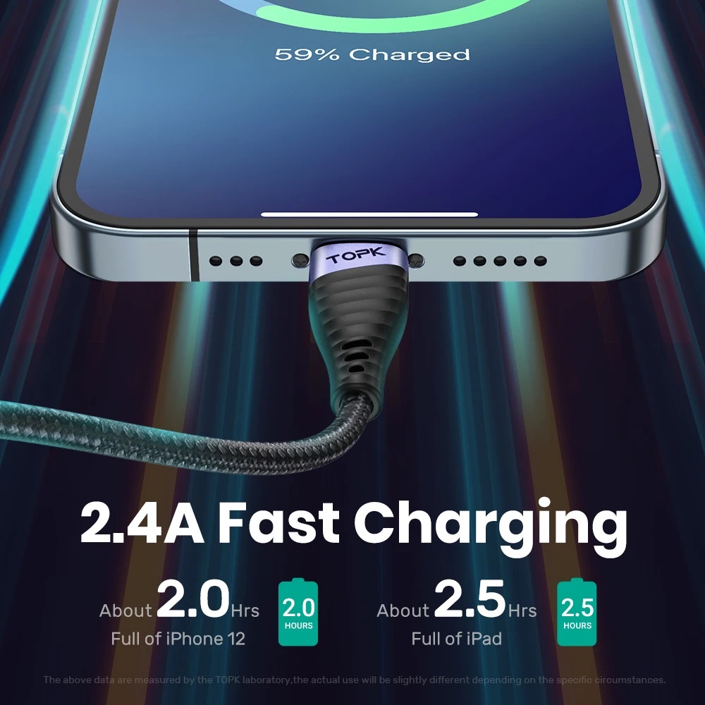 Кабель USB 2.0 Am - Lightning 1.0m (2.4A, быстрая зарядка, нейлоновая оплетка, black-purple) TOPK