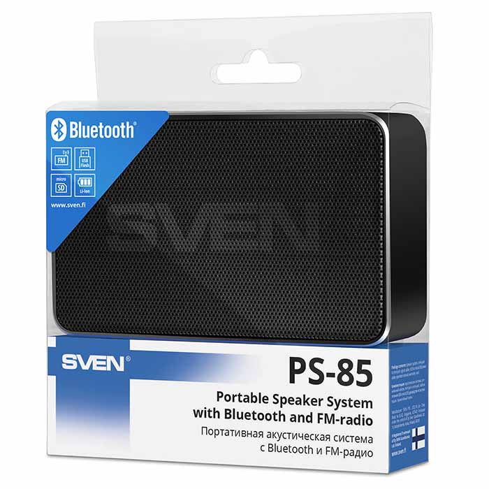 Колонка Sven PS-85 (5W, портативная, аккумулятор 600mAh, Bluetooth v.5.0, микрофон, громкая связь, AUX, USB, MicroSD, FM, MP3, алюминиевый корпус, black)