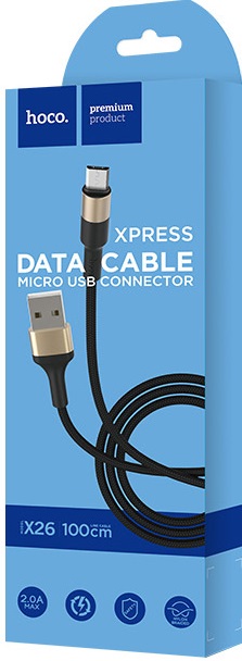 Кабель USB 2.0 Am - micro USB 1.0m (X26 Xpress, 2.4A, быстрая зарядка, нейлоновая оплётка, black-gold) hoco