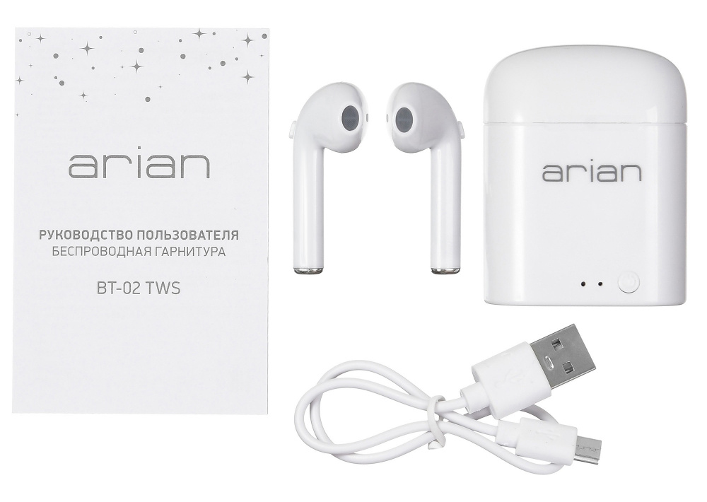 Гарнитура Arian BT-02 TWS (затычки, беспроводная, Bluetooth 5.0, с микрофоном, до 3 часов работы от батареи, white)