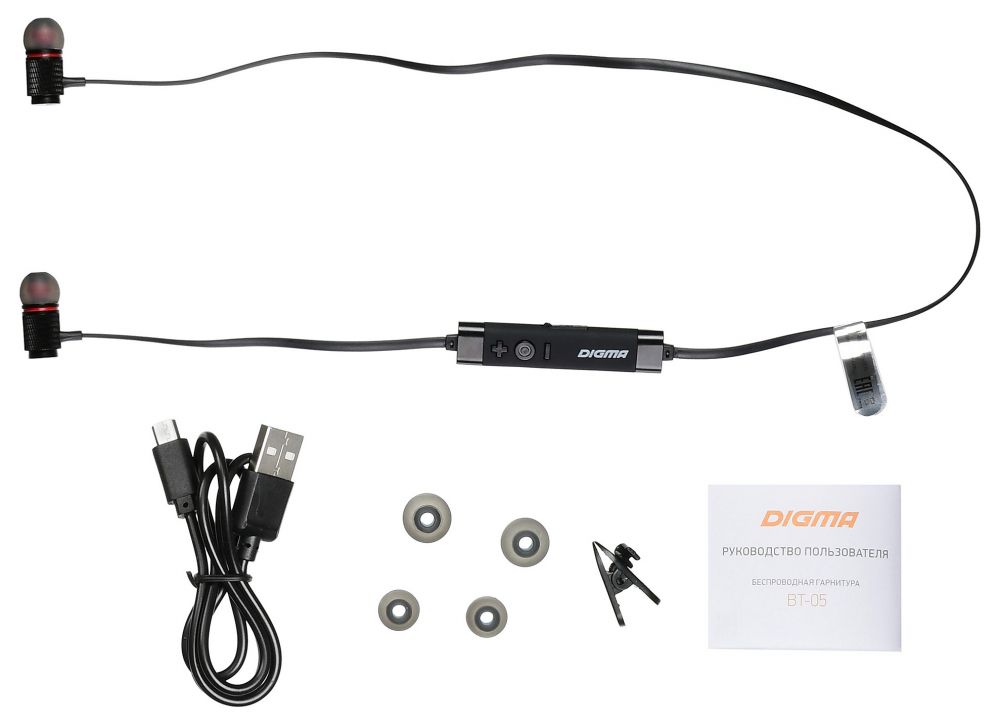 Гарнитура Digma BT-05 (затычки, беспроводная, Bluetooth 4.2, с микрофоном, до 4 часов работы от батареи, black-red)