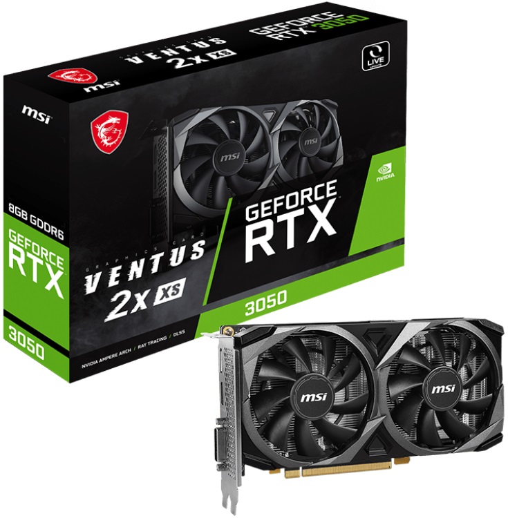 Видеокарта MSI GF RTX3050 8Gb (RTX 3050 VENTUS 2X XS 8G, 128bit, GDDR6, HDMI+DVI+DP) RTL