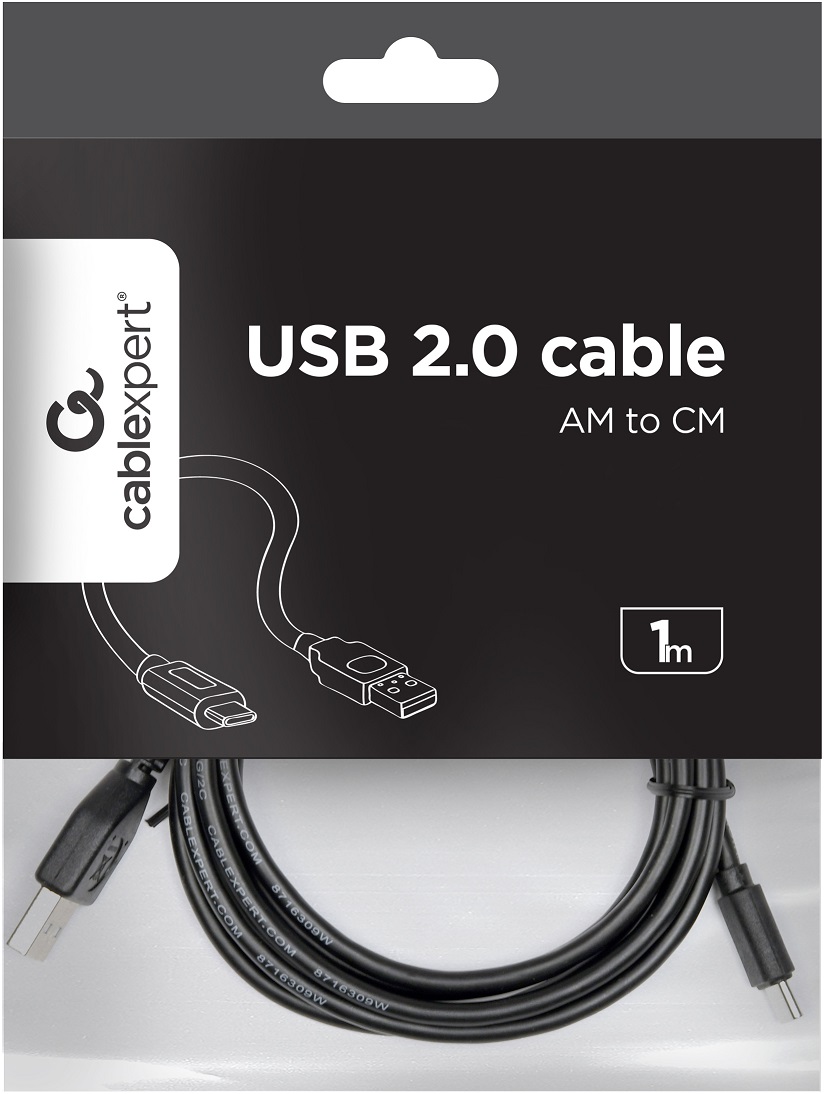 Кабель USB 2.0 Am - Type-C 1.0m (CCP-USB2-AMCM-1M, 3A, 36W, быстрая зарядка, QC3.0, экранированный, black) Cablexpert