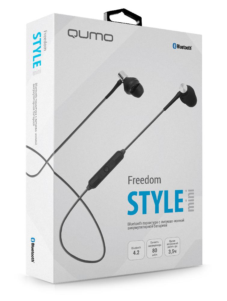 Гарнитура QUMO Freedom Style Mini  (затычки, беспроводная, Bluetooth 4.2+EDR, с микрофоном, 80mAh, до 3.5 часов работы от батареи, black-grey)