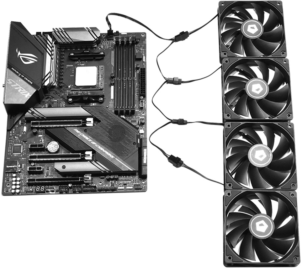 Разветвитель питания 4pin PWM Fan (m) -> 4x Fan 3pin (f) (FS-04, 200+100+100+100mm, black) ID-Cooling