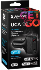 Зарядное устройство скоростное от прикуривателя Defender UCA-90 (вход 12-24V, USB, Type-C, QC3.0, 36W, black)
