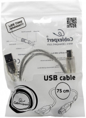 Кабель USB 2.0 Am - Bm 0.75m (CCF-USB2-AMBM-TR-0.75M, медь, ферритовый фильтр, экранированный, silver) Cablexpert