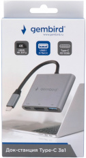 Док-станция USB Type-C (m) - HDMI (m) + USB3.1 (f) + Type-C (f) (UHB-D2, 4K, 0.15m, PD 100W, 0.15m, grey) Gembird