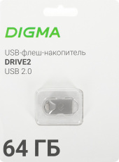 Флеш накопитель USB 2.0 64Gb Digma DRIVE2 (DGFUM064A20SR, 20/10MBs, silver)