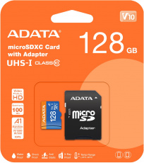 Карта памяти SDXCmicro Card 128Gb ADATA (AUSDX128GUICL10A1-RA1, Class 10, UHS-I, 100/25MB/s, адаптер SD)
