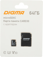 Карта памяти SDXCmicro Card 64Gb Digma (DGFCA064A03, Class 10, UHS-I U3, 80/50MB/s, адаптер SD)