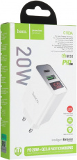 Адаптер питания скоростной hoco C100A (110-240V - 2x USB, USB Type-C, 5V-3А, 9V-2.2A, 12V-1.7A, 30W, быстрая зарядка, QC3.0, PD, white)