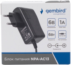 Блок питания Gembird NPA-AC13 (вход 100-240V, выход 6V - 1A, 6W, штекер 5.5х2.5mm, black)