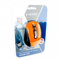 Мышь беспроводная Gembird MUSW-420-3 (optical, 1600dpi, 2xAAA, soft-touch, black-orange)