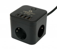 Сетевой фильтр Cablexpert Cube (CUBE-3-CU3-B-1.5, 3 розетки, 1.5 метра, 3*USB 2.4A QC4.0, USB Type-C 3A 20W PD, 2500W, 10A, black) RTL