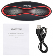 Колонки Digma S-10 (3W, портативные, аккумулятор, Bluetooth, микрофон, громкая связь, AUX, USB, MicroSD, FM, MP3, black-red)