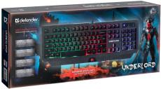 Клавиатура Defender Underlord GK-340L (USB, регулируемая подсветка, влагоустойчивая, игровая, мультимедийная, black)