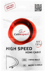 Кабель HDMI (m) - MicroHDMI (m) 1.8m (CC-HDMID-6, 4K, ver.2.0, с позолоченными контактами, экранированный, black) Cablexpert