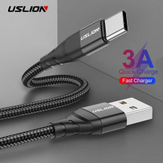 Кабель USB 2.0 Am - Type-C 1.0m (3A, быстрая зарядка, нейлоновая оплётка, black) USLION