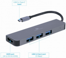 USB 3.0 HUB (A-CM-COMBO2-01, Type-C, 3xUSB3.2 + HDMI, 4K, металл, grey) Cablexpert