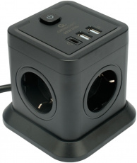 Сетевой фильтр Cablexpert Tower (TWR-4-CU2-B-2, 4 розетки, 2 метра, 2*USB 2.4A QC4.0, USB Type-C 3A 20W PD, 2500W, 10A, black) RTL